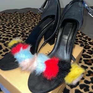 Forever 21 Black with Colorful Fur Heels | Size 8